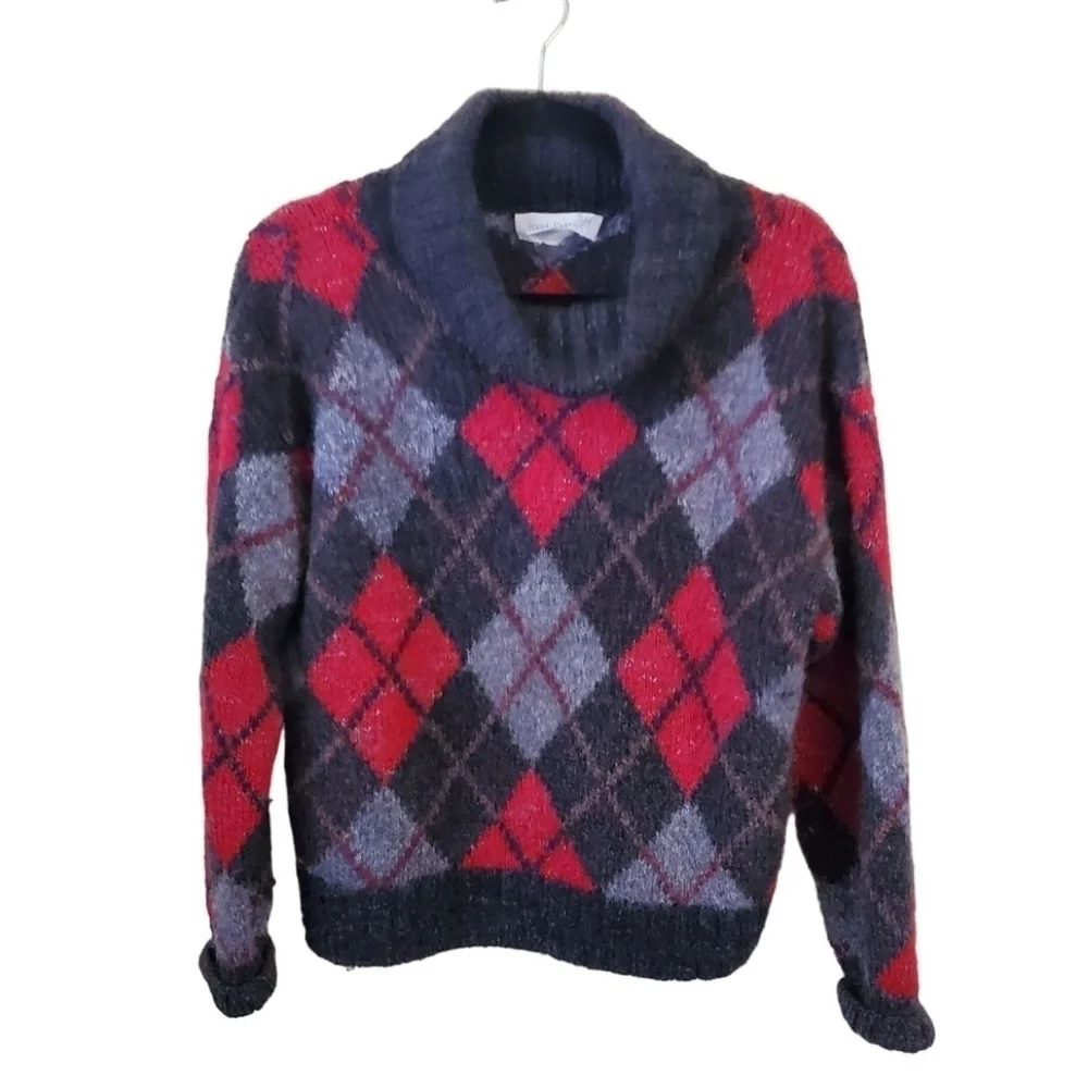 Tricots St. Raphael Vintage Wool Plaid Cowl Sweater Size M